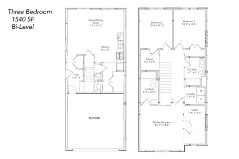 Floor plan for 3 beds, 2.5 baths, 1540 sqft